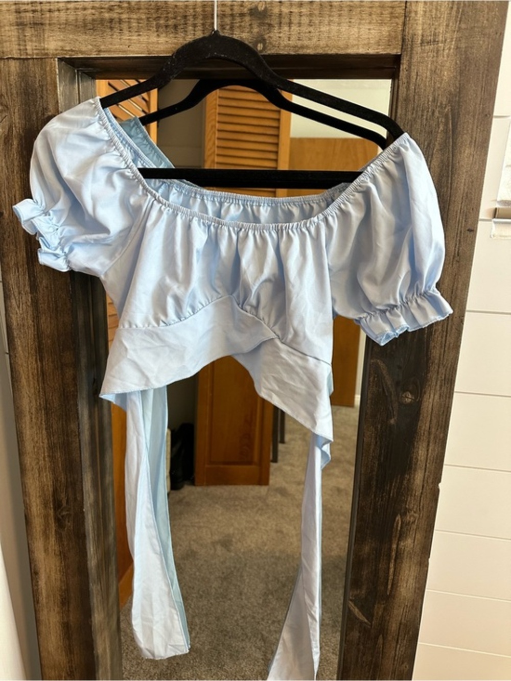 Light Blue Off Shoulder Puff Sleeve Tie Back Crop Top M Boho Babydoll Prairie
